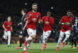 February 27, 2020, Manchester, United Kingdom: Bruno Fernandes of Manchester United celebrates scoring from the penalty spot during the UEFA Europa League match at Old Trafford, Manchester. Picture date: 27th February 2020. Picture credit should read: Darren Staples/Sportimage.