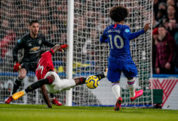 Willian of Chelsea cross is blocked by Eric Bailly of Man Utd during the Premier League match between Chelsea and Manchester United, ManU at Stamford Bridge, London, England on 17 February 2020. PUBLICATIONxNOTxINxUK Copyright: xDavidxHornx PMI-3389-0021