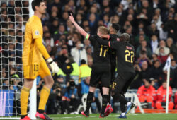 February 26, 2020, Madrid, Spain: MADRID, SPAIN - 26 FEBRUARY: Kevin De Bruyne of Manchester City celebrates with his teammates after scoring his side's second goal during the UEFA Champions League, round of 16, 1st leg football match between Real Madrid CF and Manchester City on February 26, 2020 at Santiago Bernabeu stadium in Madrid, Spain.