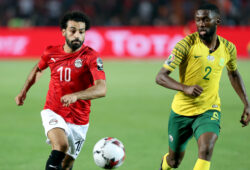 (190707) -- CAIRO, July 7, 2019 (Xinhua) -- Mohamed Salah (L) of Egypt competes during the round of 16 match between Egypt and South Africa at the 2019 Africa Cup of Nations in Cairo, Egypt on July 6, 2019. (Xinhua/Li Yan) (Photo by Xinhua/Sipa USA)
