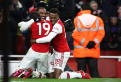 Soccer Football - Premier League - Arsenal v Newcastle United - Emirates Stadium, London, Britain - February 16, 2020   Arsenal's Alexandre Lacazette celebrates scoring their fourth goal with Nicolas Pepe and Joe Willock   REUTERS/Eddie Keogh  EDITORIAL USE ONLY. No use with unauthorized audio, video, data, fixture lists, club/league logos or "live" services. Online in-match use limited to 75 images, no video emulation. No use in betting, games or single club/league/player publications.  Please contact your account representative for further details.  X01801