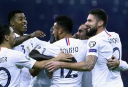 France's Corentin Tolisso, center, celebrates with his teammates after scoring the opening goal of his team during the Euro 2020 group H qualifying soccer match between Albania and France at Arena Kombetare stadium in Tirana, Sunday, Nov. 17, 2019. (AP Photo/Hektor Pustina)  XTS161