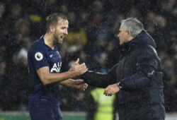 Tottenham's manager Jose Mourinho, right, celebrates with Tottenham's Harry Kane at the end of the the English Premier League soccer match between Wolverhampton Wanderers and Tottenham Hotspur at the Molineux Stadium in Wolverhampton, England, Sunday, Dec. 15, 2019. (AP Photo/Rui Vieira)  XSG135