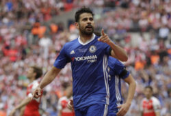 Chelsea's Diego Costa celebrates scoring his team's equalizer during the English FA Cup final soccer match between Arsenal and Chelsea at the Wembley stadium in London, Saturday, May 27, 2017. (AP Photo/Matt Dunham)