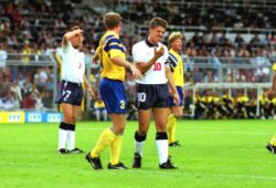 Mandatory Credit: Photo by Colorsport/REX (3164135a)
Football - 1992 UEFA European Championship - Group One: Sweden 2 England 1 England captain Gary Lineker shows his frustration with teammate David Platt left during the game in the Rasunda Stadium Solna Sweden It would prove to Lineker's last international appearance as he was substituted by coach Graham Taylor in favour of Arsenal striker Alan Smith in the 62nd minute Lineker had scored 48 international goals one behind Bobby Charlton's national record Euro1992 Grp 1: England 1 Sweden 2
Sport