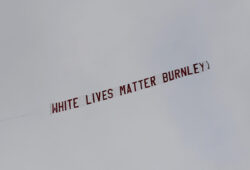 Soccer Football - Premier League - Manchester City v Burnley - Etihad Stadium, Manchester, Britain - June 22, 2020 A "White Lives Matter Burnley" sign is seen on a plane above the stadium , as play resumes behind closed doors following the outbreak of the coronavirus disease (COVID-19) Michael Regan/Pool via REUTERS  EDITORIAL USE ONLY. No use with unauthorized audio, video, data, fixture lists, club/league logos or "live" services. Online in-match use limited to 75 images, no video emulation. No use in betting, games or single club/league/player publications.  Please contact your account representative for further details.  X01348