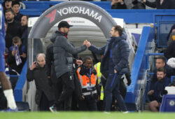 Jurgen Klopp Liverpool manager and Frank Lampard Chelsea manager shake hands at the final whistle, as Chelsea win 2-0 at the FA Cup 5th round match, Chelsea v Liverpool, at Stamford Bridge, London, UK, on March 3, 2020. **Editorial use only, license required for commercial use. No use in betting, games or a single club/league/player publications** PUBLICATIONxNOTxINxUK