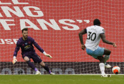 Michail Antonio of West Ham United scores from the penalty spot past David De Gea of Manchester United, ManU during the Premier League match at Old Trafford, Manchester. Picture date: 22nd July 2020. Picture credit should read: Andrew Yates/Sportimage PUBLICATIONxNOTxINxUK SPI-0612-0042
