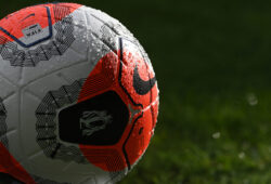 epa08501112 The premier league logo is on display on a ball during the English Premier League soccer match between Everton FC and Liverpool FC in Liverpool, Britain, 21 June 2020.  EPA-EFE/SHAUN BOTTERILL/ NMC / GETTY IMAGES POOL EDITORIAL USE ONLY. No use with unauthorized audio, video, data, fixture lists, club/league logos or 'live' services. Online in-match use limited to 120 images, no video emulation. No use in betting, games or single club/league/player publications.