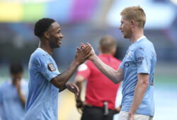 epa08567565 Raheem Sterling (L) and Kevin De Bruyne (R) of Manchester City react after the English Premier League match between Manchester City and Norwich City in Manchester, Britain, 26 July 2020.  EPA-EFE/Dave Thompson/NMC/Pool EDITORIAL USE ONLY. No use with unauthorized audio, video, data, fixture lists, club/league logos or 'live' services. Online in-match use limited to 120 images, no video emulation. No use in betting, games or single club/league/player publications.