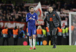 Chelsea's head coach Frank Lampard, right, an dChelsea's Jorginho applaud fans at the end of the first leg, round of 16, Champions League soccer match between Chelsea and Bayern Munich at Stamford Bridge stadium in London, England, Tuesday Feb. 25, 2020. Bayern Munich won 3-0. (AP Photo/Kirsty Wigglesworth)  HAS148