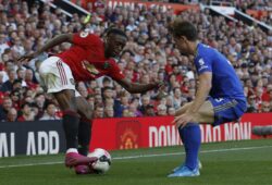 Ben Chilwell of Leicester City challenges Aaron Wan-Bissaka of Manchester United, ManU during the Premier League match at Old Trafford, Manchester. Picture date: 14th September 2019. Picture credit should read: Darren Staples/Sportimage PUBLICATIONxNOTxINxUK SPI-0198-0025
