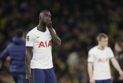 Tottenham's Tanguy Ndombele at the end of the English FA Cup fifth round soccer match between Tottenham Hotspur and Norwich City at Tottenham Hotspur stadium in London Wednesday, March 4, 2020. Norwich won 4-3 after penalty shootouts. (AP Photo/Kirsty Wigglesworth)  XKW149