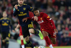 30th October 2019 Anfield, Liverpool, Merseyside, England English Football League Cup, Carabao Cup, Liverpool versus Arsenal Rhian Brewster of Liverpool takes on Shkodran Mustafi of Arsenal - Strictly Editorial Use Only. No use with unauthorized audio, video, data, fixture lists, club/league logos or live services. Online in-match use limited to 120 images, no video emulation. No use in betting, games or single club/league/player publications PUBLICATIONxINxGERxSUIxAUTxHUNxSWExNORxDENxFINxONLY ActionPlus12182227 DavidxBlunsden