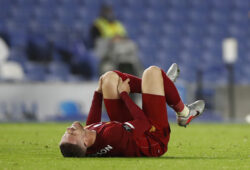Liverpool's Jordan Henderson reacts during the English Premier League soccer match between Brighton and Liverpool at Falmer Stadium in Brighton, England, Wednesday, July 8, 2020. (AP Photo/Paul Childs,Pool)  XMB190
