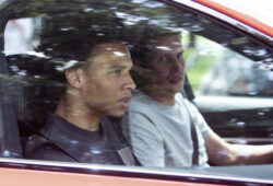 FC Bayern soccer club newcomer Leroy Sane, left, sits in a car as he leaves the FC Bayern training ground in Munich, Germany, July 2, 2020. FC Bayern newcomer Sane arrived in Munich the day before. (Matthias Balk/dpa via AP)  MAS105