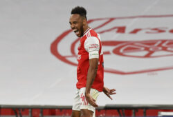 Arsenal's Pierre-Emerick Aubameyang celebrates after scoring his team's second goal during the FA Cup semifinal soccer match between Arsenal and Manchester City at Wembley in London, England, Saturday, July 18, 2020. (AP Photo/Justin Tallis,Pool)  XMB201