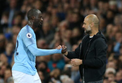 epa06723880 Manchester City's Yaya Toure (L) shakes hands with manager Pep Guardiola after being substituted on his final appearance for Manchester City during the English Premier League soccer match between Manchester City and Brighton at the Etihad Stadium in Manchester, Britain, 09 May 2018.  EPA-EFE/NIGEL RODDIS EDITORIAL USE ONLY. No use with unauthorised audio, video, data, fixture lists, club/league logos 'live' services. Online in-match use limited to 75 images, no video emulation. No use in betting, games or single club/league/player publications.