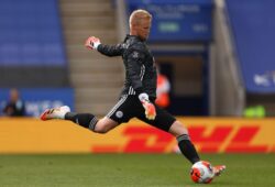 Kasper Schmeichel of Leicester City in action during the Premier League match between Leicester City and Sheffield United at King Power Stadium.(Final Score; Leicester City 2 - 0 Sheffield United)