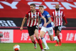 Chris Basham of Sheffield Utd and Lucas Digne of Everton during the Premier League match at Bramall Lane, Sheffield. Picture date: 20th July 2020. Picture credit should read: Simon Bellis/Sportimage PUBLICATIONxNOTxINxUK SPI-0604