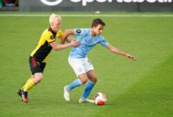 Will Hughes of Watford and Eric Garcia of Man City during the Premier League match between Watford and Manchester City at Vicarage Road, Watford, England on 21 July 2020. Football Stadiums around remain empty due to the Covid-19 Pandemic as Government social distancing laws prohibit supporters inside venues resulting in all fixtures being played behind closed doors until further notice. PUBLICATIONxNOTxINxUK Copyright: xAndyxRowlandx PMI-3543-0203