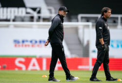 Liverpool manager Jurgen Klopp & Peter Krawietz of Liverpool, Second Assistant Coach during the Premier League match between Newcastle United and Liverpool Football Stadiums around remain empty due to the Covid-19 Pandemic as Government social distancing laws prohibit supporters inside venues resulting in all fixtures being played behind closed doors until further notice at St. James s Park, Newcastle, England on 26 July 2020. PUBLICATIONxNOTxINxUK Copyright: xAndyxRowlandx PMI-3546-0057