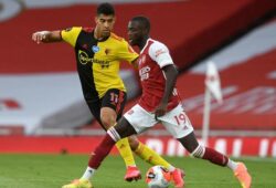 epa08567342 Arsenal's Nicolas Pepe (R) in action against Watford's Adam Masina (L) during the English Premier League match between Arsenal London and Watford in London, Britain, 26 July 2020.  EPA-EFE/Neil Hall/NMC/Pool EDITORIAL USE ONLY. No use with unauthorized audio, video, data, fixture lists, club/league logos or 'live' services. Online in-match use limited to 120 images, no video emulation. No use in betting, games or single club/league/player publications.