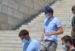 Manchester United captain Harry Maguire, who was detained on the island of Mykonos, leaves a court building on the island of Syros, Greece, August 22, 2020. Giorgos Solaris/Intimenews via REUTERS ATTENTION EDITORS - THIS IMAGE WAS PROVIDED BY A THIRD PARTY. NO RESALES. NO ARCHIVES. GREECE OUT. NO COMMERCIAL OR EDITORIAL SALES IN GREECE.  X03599