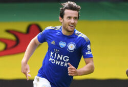 FILE PHOTO: Soccer Football - Premier League - Watford v Leicester City - Vicarage Road, Watford, Britain - June 20, 2020 Leicester City's Ben Chilwell celebrates scoring their first goal. Andy Rain/Pool via REUTERS  EDITORIAL USE ONLY. No use with unauthorized audio, video, data, fixture lists, club/league logos or "live" services. Online in-match use limited to 75 images, no video emulation. No use in betting, games or single club/league/player publications.  Please contact your account representative for further details./File Photo  X01348