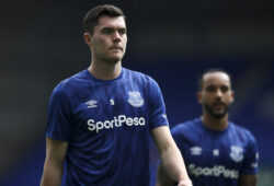 Everton's Michael Keane, left, and Theo Walcott arrive for the English Premier League soccer match between Everton and Bournemouth at Goodison Park in Liverpool, England Sunday, July 26, 2020. (Tim Goode/Pool via AP)  NCCC114