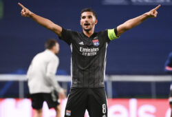 Lyon's Houssem Aouar celebrates after his team's win in the Champions League quarterfinal match against Manchester City at the Jose Alvalade stadium in Lisbon, Portugal, Saturday, Aug. 15, 2020. (Franck Fife/Pool Photo via AP)  XMB203