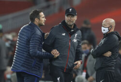 Chelsea's head coach Frank Lampard, left shakes hands with Liverpool's manager Jurgen Klopp after the end of the English Premier League soccer match between Liverpool and Chelsea at Anfield Stadium in Liverpool, England, Wednesday, July 22, 2020. Liverpool won the game 5-3. (Phil Noble/Pool via AP)  XAG166