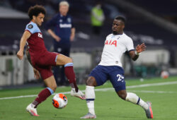 June 23, 2020, London, United Kingdom: Serge Aurier of Tottenham tackles Felipe Anderson of West Ham United during the Premier League match at the Tottenham Hotspur Stadium, London. Picture date: 23rd June 2020. Picture credit should read: David Klein/Sportimage.