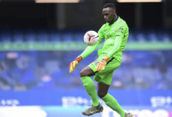 Chelsea's goalkeeper Edouard Mendy controls the ball during an English Premier League soccer match between Chelsea and Crystal Palace at Stamford Bridge stadium in London, Saturday, Oct. 3, 2020. (Neil Hall/ Pool via AP)  AJM148