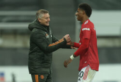 October 17, 2020, Newcastle, United Kingdom: Ole Gunnar Solskjaer manager of Manchester United laughs with Marcus Rashford of Manchester United during the Premier League match at St. James's Park, Newcastle. Picture date: 17th October 2020. Picture credit should read: John Clifton/Sportimage.