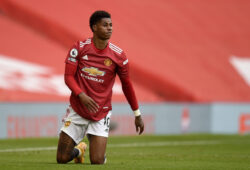 Manchester United's Marcus Rashford falls down on his knees during the English Premier League soccer match between Manchester United and Tottenham Hotspur at Old Trafford in Manchester, England, Sunday, Oct. 4, 2020. (Oli Scarff/Pool via AP)  XAF180