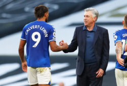 FILE PHOTO: Soccer Football - Premier League - Tottenham Hotspur v Everton - Tottenham Hotspur Stadium, London, Britain - September 13, 2020 Everton manager Carlo Ancelotti celebrates with Dominic Calvert-Lewin after the match Pool via REUTERS/Catherine Ivill EDITORIAL USE ONLY. No use with unauthorized audio, video, data, fixture lists, club/league logos or 'live' services. Online in-match use limited to 75 images, no video emulation. No use in betting, games or single club/league/player publications.  Please contact your account representative for further details./File Photo  X01348