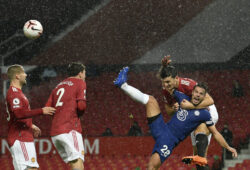 Chelsea's Cesar Azpilicueta, front right, duels for the ball with Manchester United's Harry Maguire during the English Premier League soccer match between Manchester United and Chelsea, at the Old Trafford stadium in Manchester, England, Saturday, Oct. 24, 2020. (Oli Scarff/Pool via AP)  XDMV153