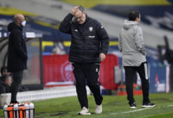 Leeds United's head coach Marcelo Bielsa reacts during the English Premier League soccer match between Leeds United and Manchester City at Elland Road in Leeds, England, Saturday, Oct. 3, 2020. (Paul Ellis/Pool via AP)  XAF115