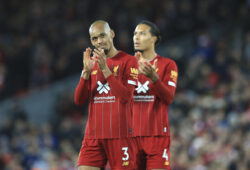 Liverpool's Fabinho, left, and Liverpool's Virgil van Dijk celebrate at the end of the English Premier League soccer match between Liverpool and Tottenham Hotspur at Anfield stadium in Liverpool, England, Sunday, Oct. 27, 2019. Liverpool won 2-1. (AP Photo/Jon Super)  XAC177