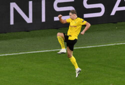 Dortmund's Erling Haaland celebrates after scoring his side's second goal during the Champions League group F soccer match between Borussia Dortmund and Zenit Saint Petersburg in Dortmund, Germany, Wednesday, Oct. 28, 2020. (AP Photo/Martin Meissner, Pool)  MAS146