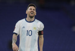 Argentina's Lionel Messi reacts during a qualifying soccer match against Paraguay for the FIFA World Cup Qatar 2022 in Buenos Aires, Argentina, Thursday, Nov. 12, 2020.(Juan Roncoroni, Pool via AP)  XNP146