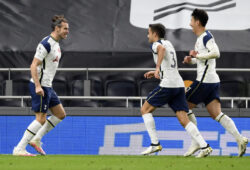 Tottenham's Gareth Bale, left, is congratulated by teammates Sergio Reguilon and Son Heung-min, right, after scoring his team's second goal during the English Premier League soccer match between Tottenham Hotspur and Brighton & Hove Albion at Tottenham Hotspur Stadium, London, Sunday, Nov. 1, 2020.(Mike Hewitt/Pool via AP)  XMB155