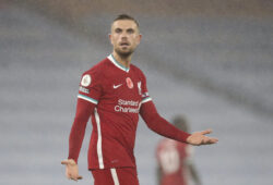 Liverpool's Jordan Henderson gestures during the English Premier League soccer match between Manchester City and Liverpool at the Etihad stadium in Manchester, England, Sunday, Nov. 8, 2020. (Martin Rickett/Pool via AP)  XAF180
