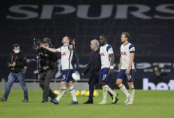 Tottenham's Pierre-Emile Hojbjerg celebrates end of the English Premier League soccer match between Tottenham Hotspur and Manchester City at Tottenham Hotspur Stadium in London, England, Saturday, Nov. 21, 2020. (AP Photo/Kirsty Wigglesworth, Pool)  HAS246