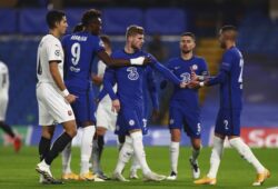 Chelsea's Timo Werner, center, celebrates after scoring the second goal during the Champions League Group E soccer match between Chelsea and Rennes at Stamford Bridge, London, England, Wednesday Nov. 4, 2020. (Clive Rose/Pool via AP)  XEL113