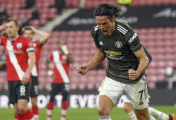 Manchester United's Edinson Cavani celebrates after scoring his side's second goal during an English Premier League soccer match between Southampton and Manchester United at the St. Mary's stadium in Southampton, England, Sunday, Nov. 29, 2020. (Mike Hewitt, Pool via AP)  FP206