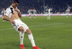 Juventus forward Cristiano Ronaldo celebrates after scoring his side's opening goal during the Champions League group H soccer match between Juventus and Manchester United at the Allianz stadium in Turin, Italy, Wednesday, Nov. 7, 2018. (AP Photo/Antonio Calanni)
