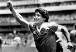 FILE PHOTO:  Argentinian star Diego Maradona raises his arm in the air after scoring his game winning goal against England in their World Cup semi final in Mexico, June 22, 1986. REUTERS/Ted Blackbrow/Pool/File Photo   IRELAND OUT. NO COMMERCIAL OR EDITORIAL SALES IN IRELAND. UNITED KINGDOM OUT. NO COMMERCIAL OR EDITORIAL SALES IN UNITED KINGDOM  X80003