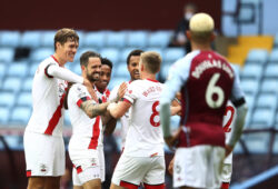 Southampton's Danny Ings, second left celebrates with teammates after he scored his sides 4th goal of the game during the English Premier League soccer match between Aston Villa and Southampton at Villa Park in Birmingham, England, Sunday, Nov. 1, 2020. (Michael Steele/Pool via AP)  XAG134